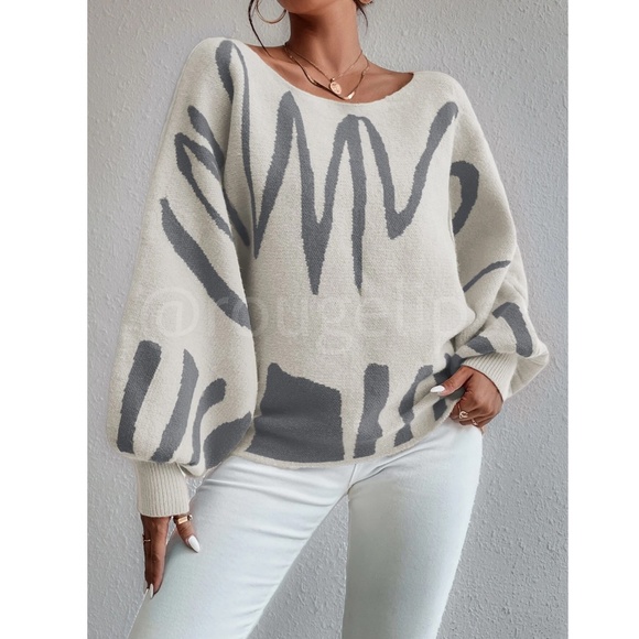 Knit Graphic Pullover Sweater Dirty Beige Grey Bishop Sleeve - Picture 3 of 10